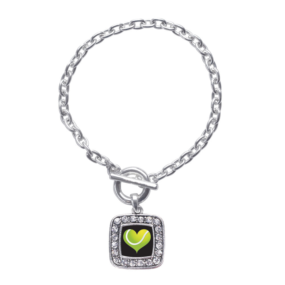 Silver Heart Of A Tennis Player Square Charm Toggle Bracelet