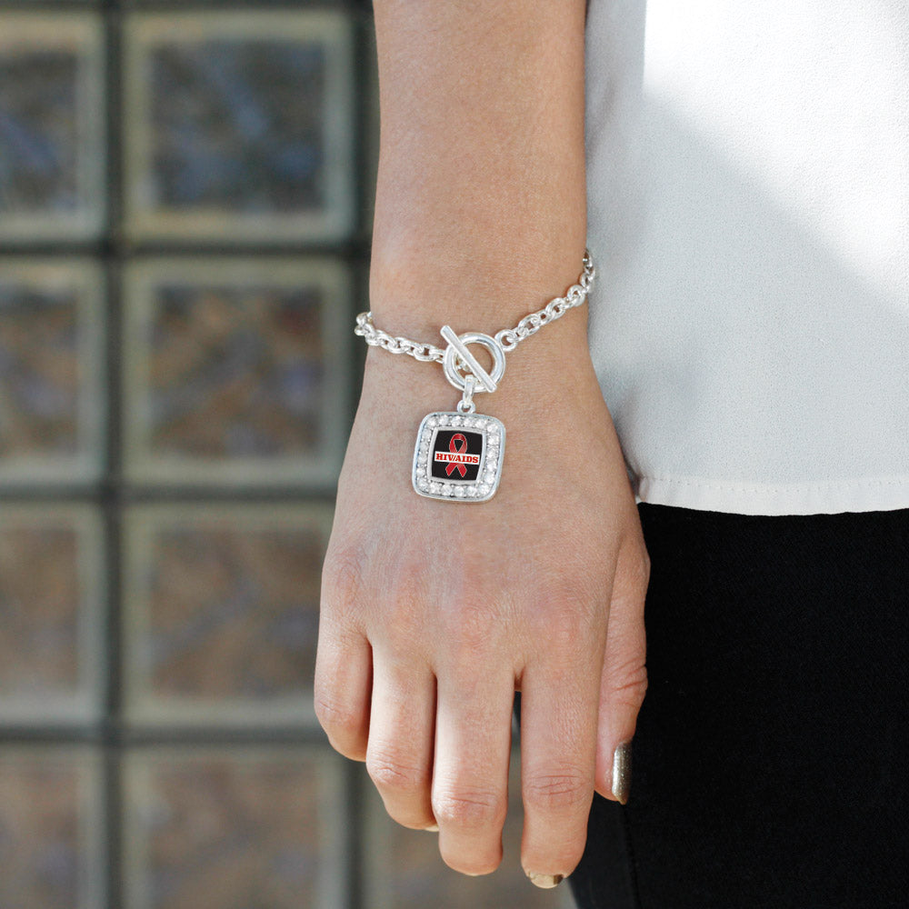 Silver HIV/AIDS Awareness Ribbon Square Charm Toggle Bracelet