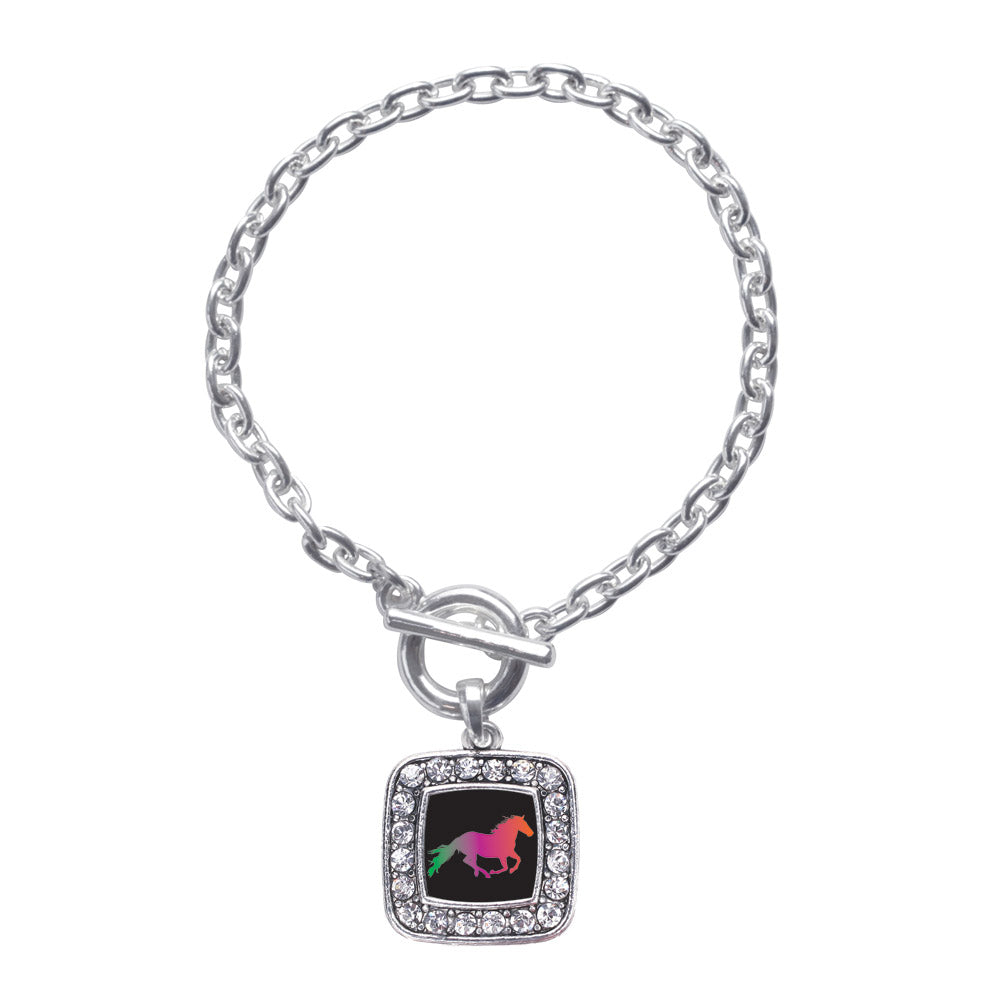 Silver Horse Lovers Square Charm Toggle Bracelet