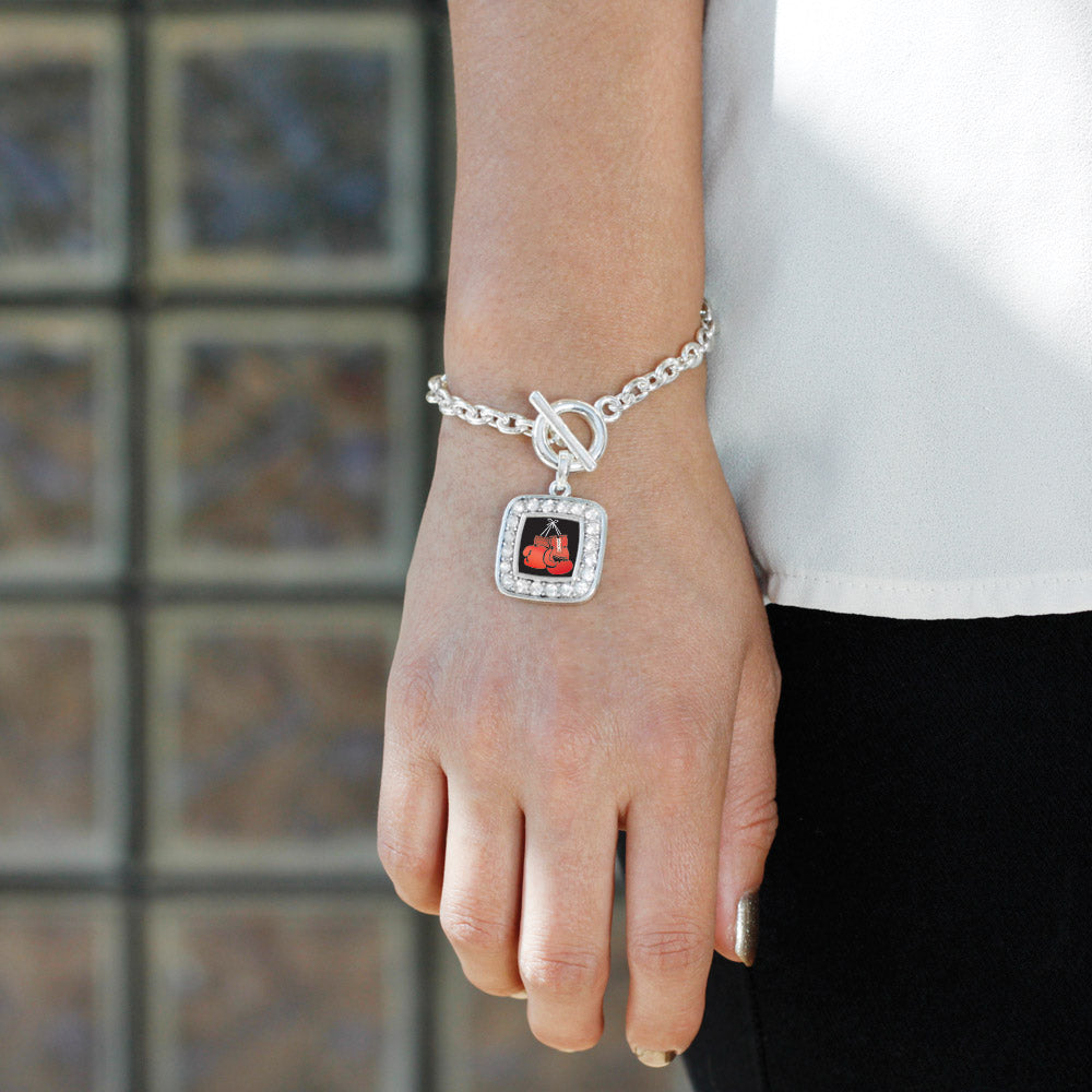 Silver I Love Boxing Square Charm Toggle Bracelet