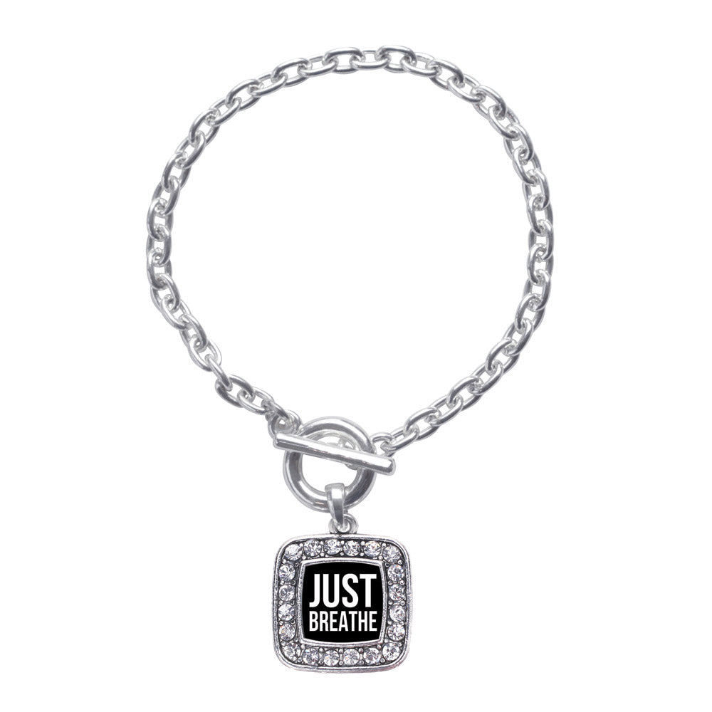 Silver Just Breathe Black Square Charm Toggle Bracelet