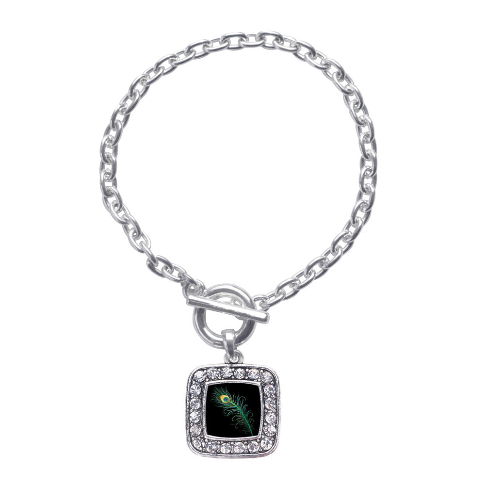 Silver Peacock Feather Square Charm Toggle Bracelet