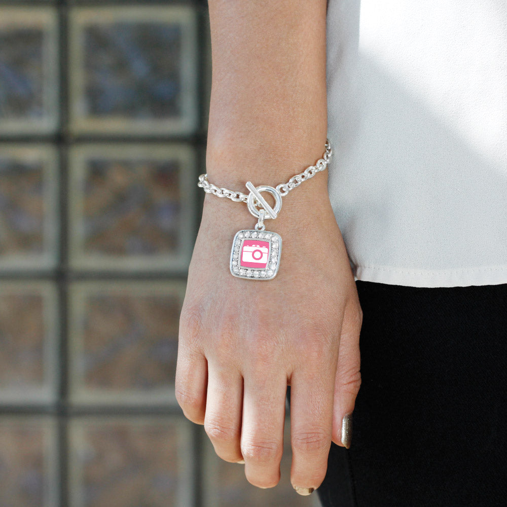 Silver Pink Camera Square Charm Toggle Bracelet