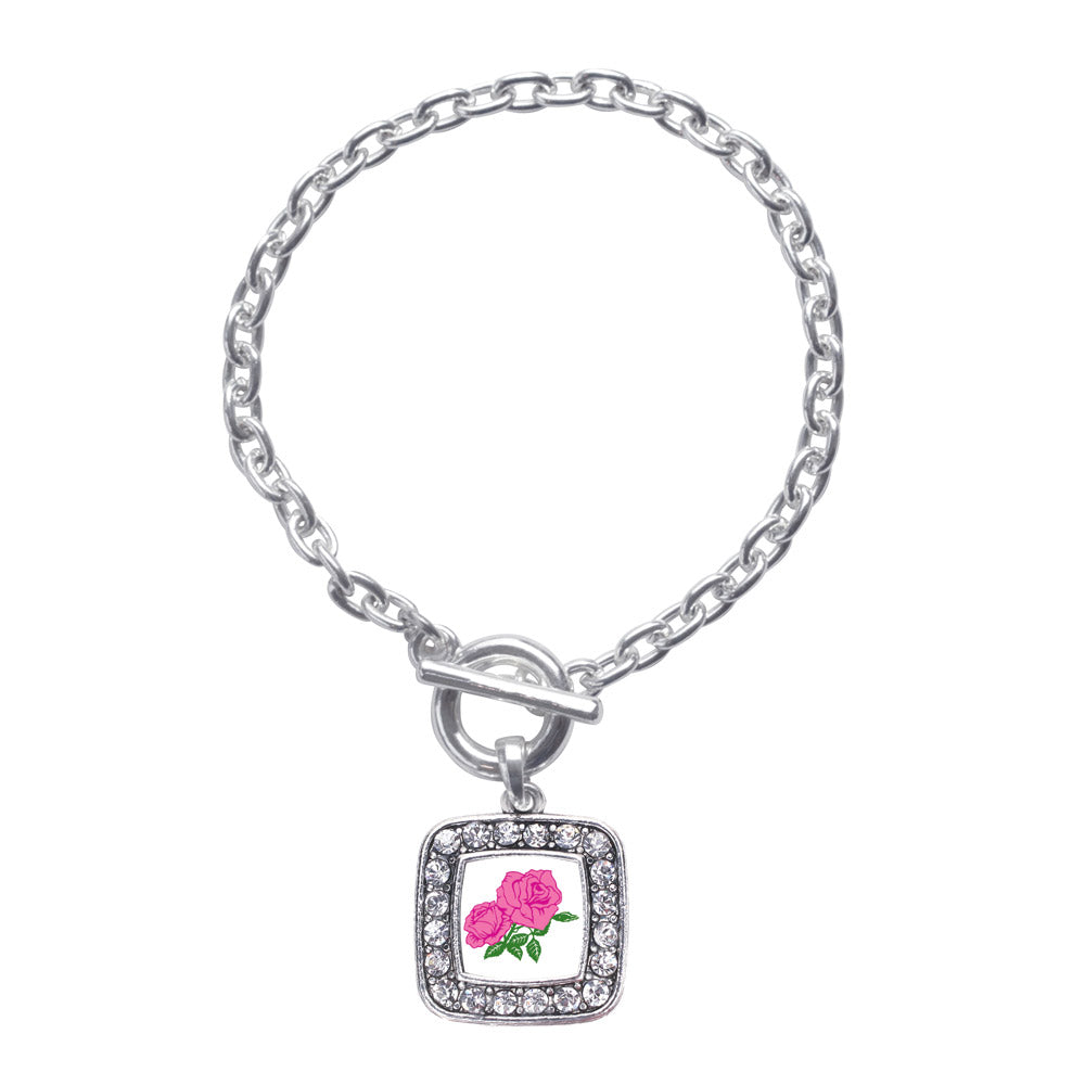 Silver Pink Rose Square Charm Toggle Bracelet