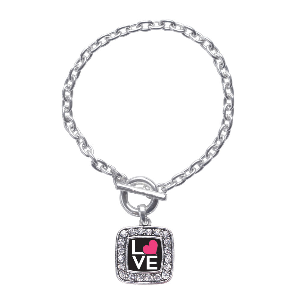 Silver Love Heart Square Charm Toggle Bracelet