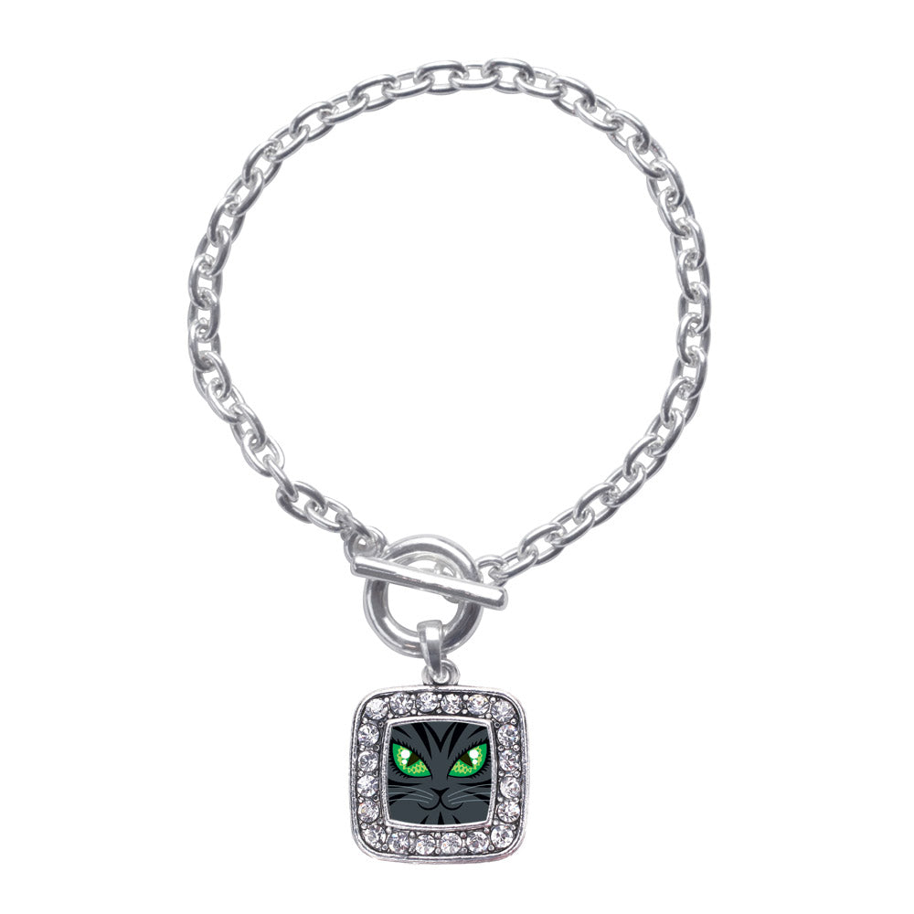 Silver Mischievous Cat Square Charm Toggle Bracelet