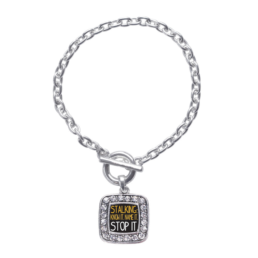Silver Stalker Awareness Square Charm Toggle Bracelet