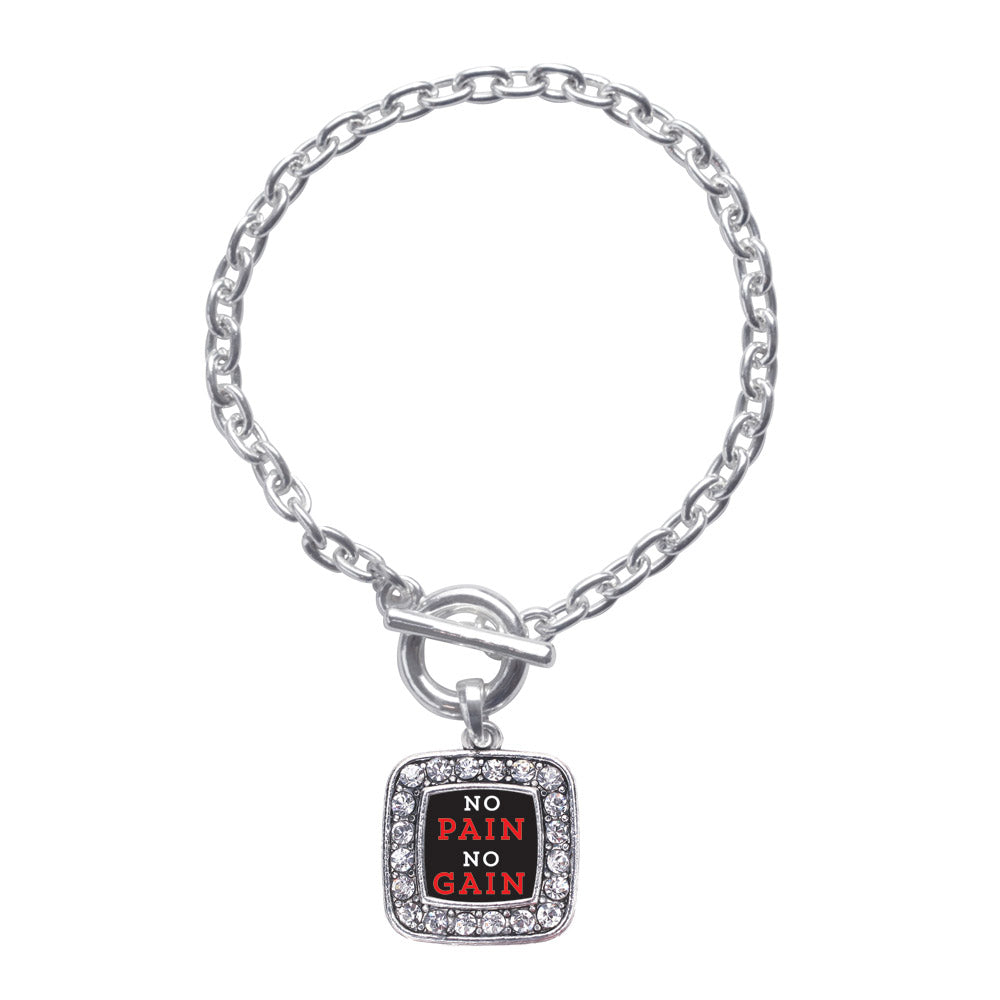 Silver No Pain No Gain Square Charm Toggle Bracelet
