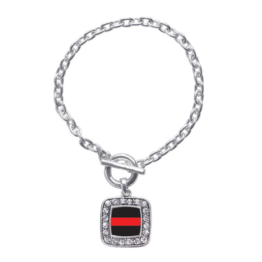 Silver Thin Red Line Fire Department Support Square Charm Toggle Bracelet