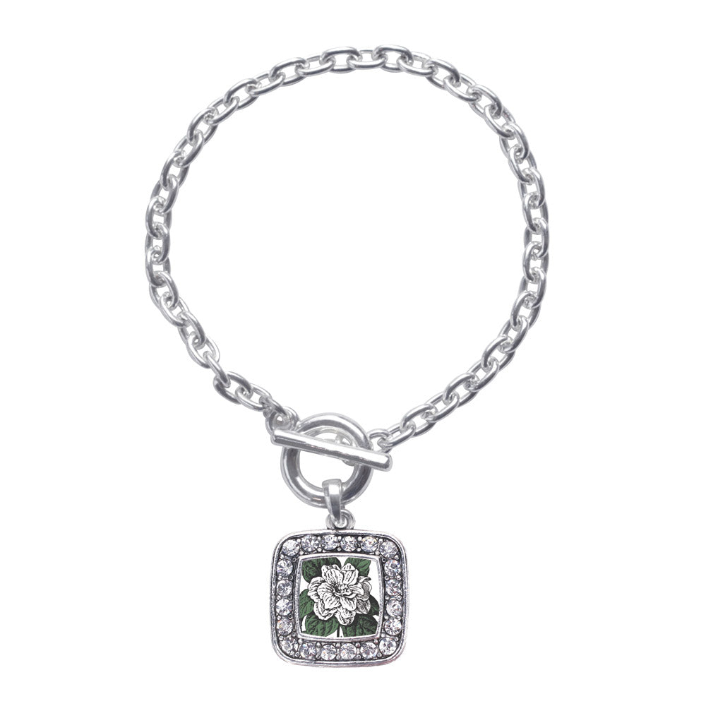 Silver Gardenia Flower Square Charm Toggle Bracelet
