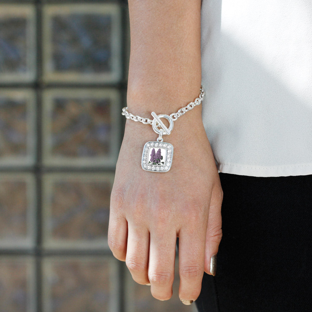 Silver Lilac Flower Square Charm Toggle Bracelet