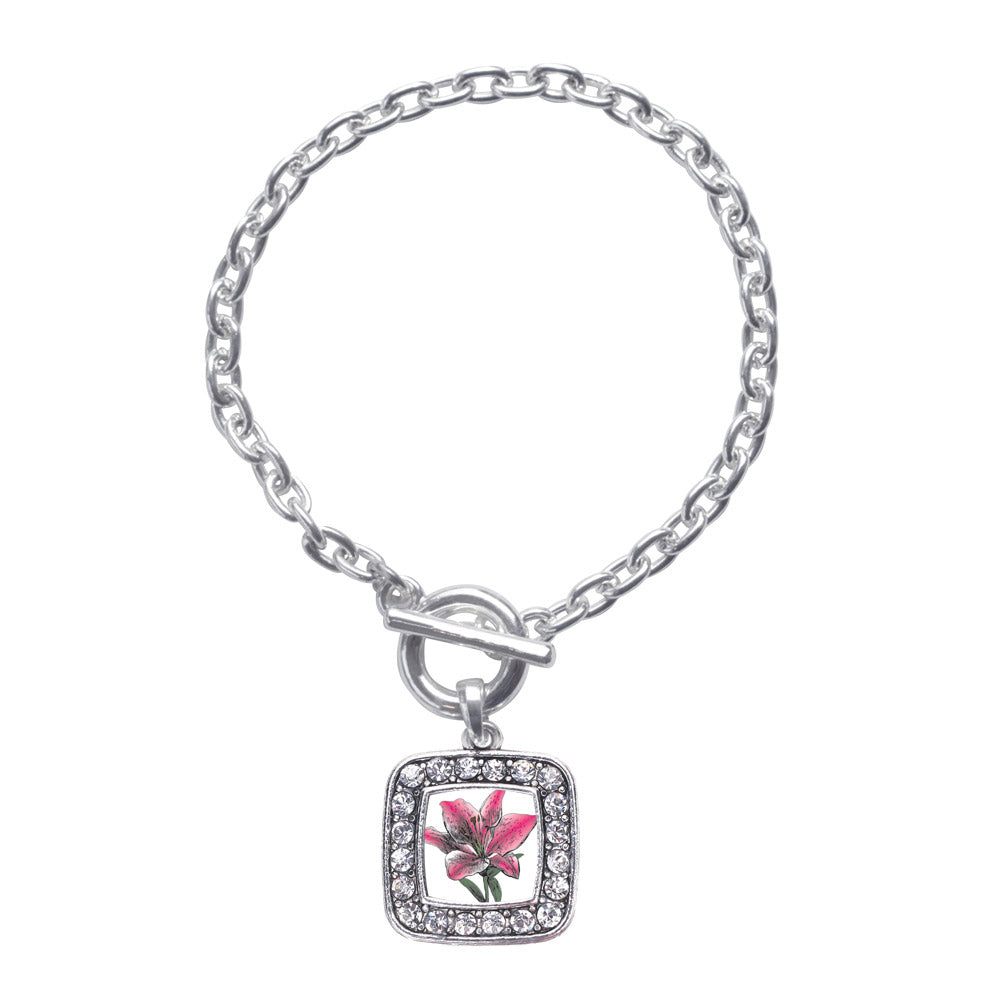 Silver Lily Flower Square Charm Toggle Bracelet