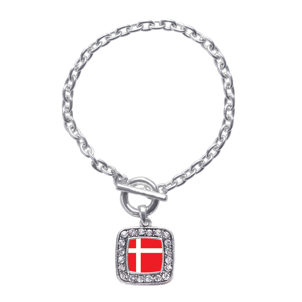 Silver Denmark Flag Square Charm Toggle Bracelet