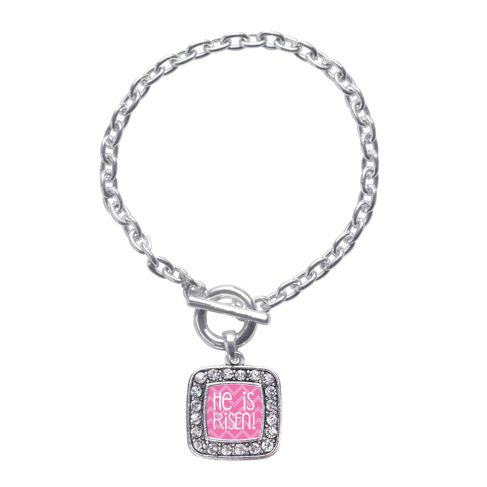 Silver He is Risen Pink Chevron Patterned Square Charm Toggle Bracelet