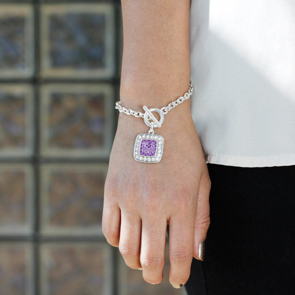 Silver He is Risen Purple Chevron Patterned Square Charm Toggle Bracelet