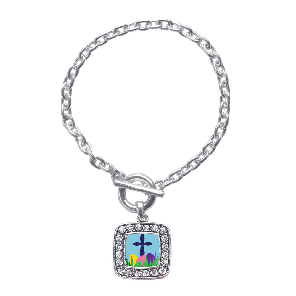 Silver Easter Cross & Eggs Square Charm Toggle Bracelet