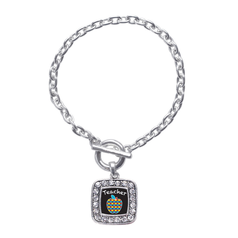 Silver Autism Apple Square Charm Toggle Bracelet