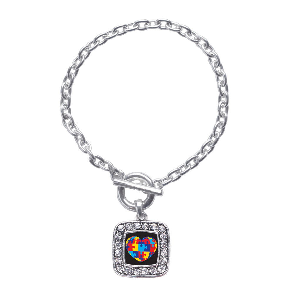 Silver Autism Awareness Heart Square Charm Toggle Bracelet