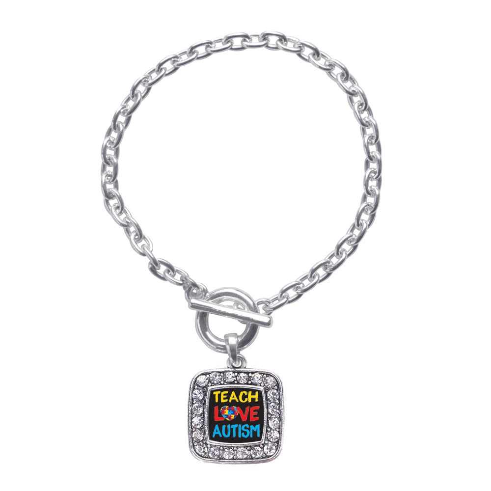 Silver Teach Love Autism Awareness Square Charm Toggle Bracelet
