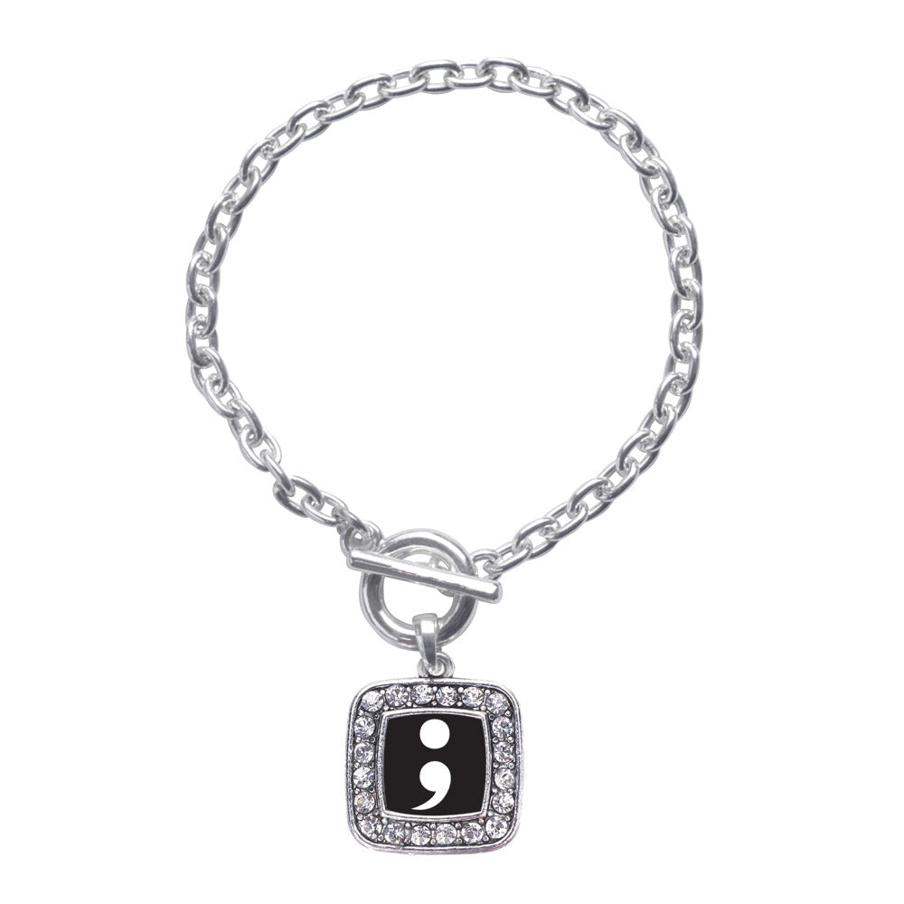 Silver Semicolon Movement Square Charm Toggle Bracelet