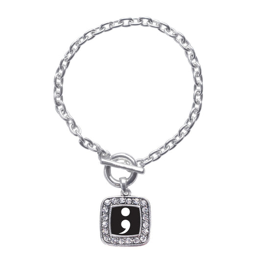 Silver Semicolon Movement Square Charm Toggle Bracelet