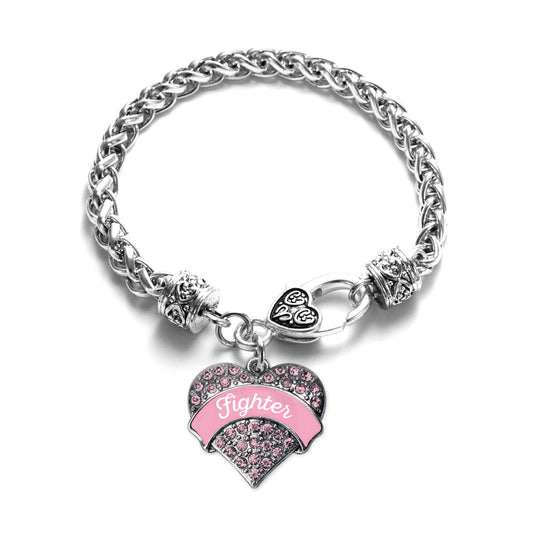 Silver Pink Script Fighter Pink Pave Heart Charm Braided Bracelet