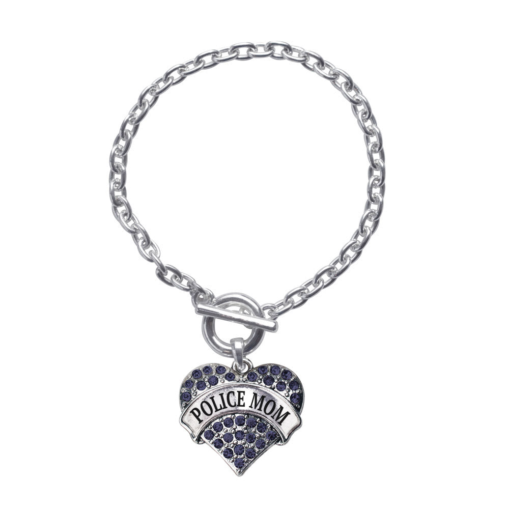 Silver Police Mom Blue Pave Heart Charm Toggle Bracelet