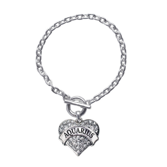 Silver Aquarius Zodiac Pave Heart Charm Toggle Bracelet
