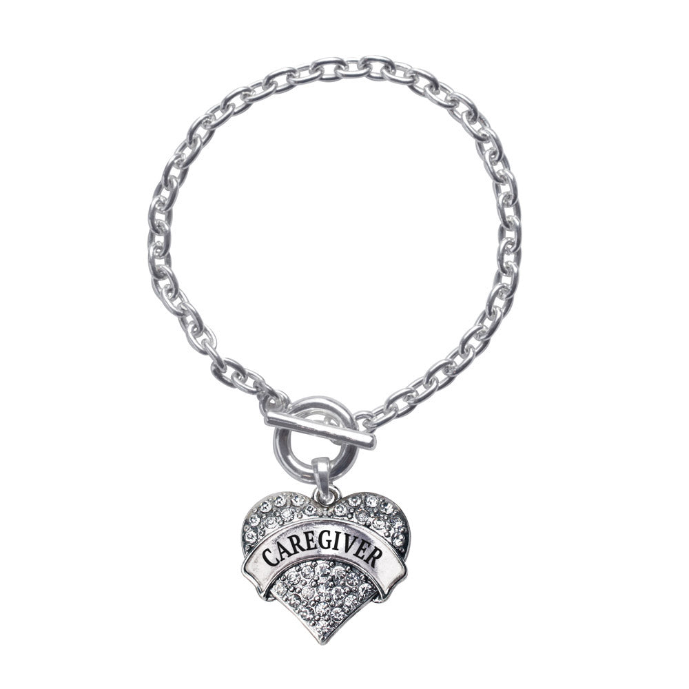 Silver Caregiver Pave Heart Charm Toggle Bracelet
