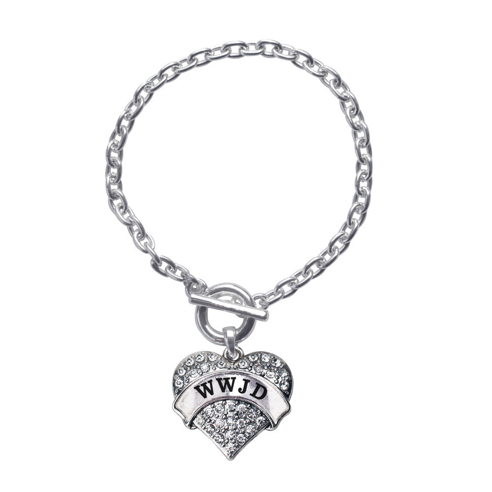 Silver WWJD Pave Heart Charm Toggle Bracelet