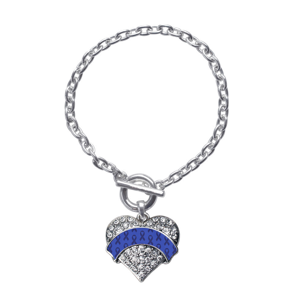 Silver Blue Ribbon Support Pave Heart Charm Toggle Bracelet