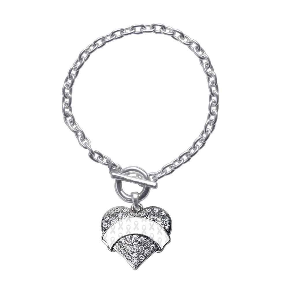 Silver White Ribbon Support Pave Heart Charm Toggle Bracelet