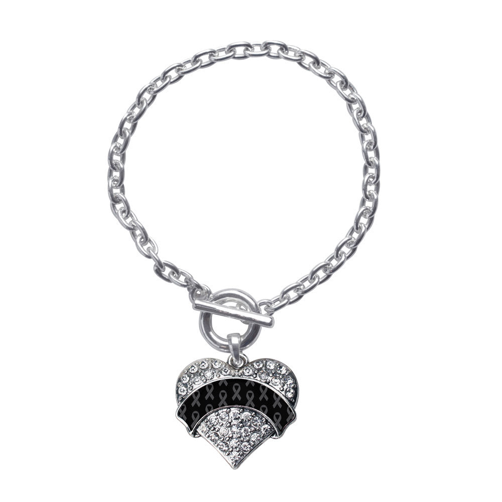 Silver Black Ribbon Support Pave Heart Charm Toggle Bracelet