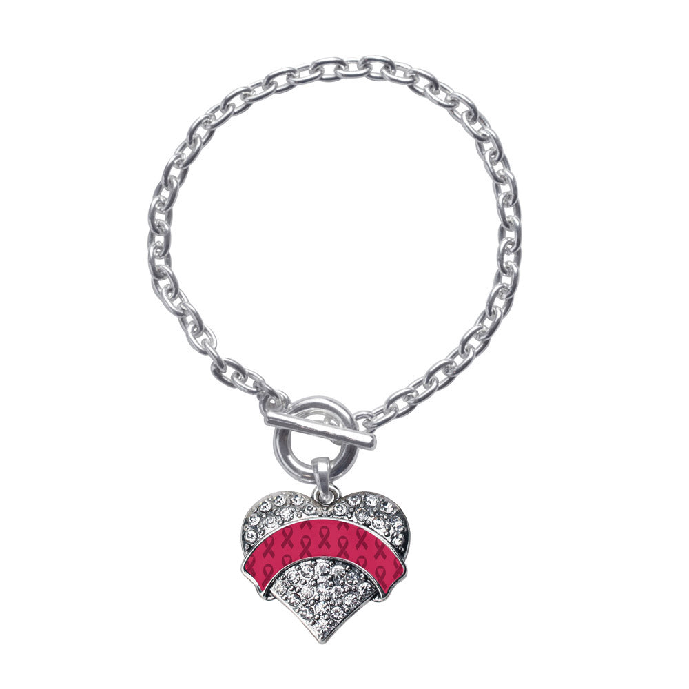Silver Burgundy Ribbon Support Pave Heart Charm Toggle Bracelet