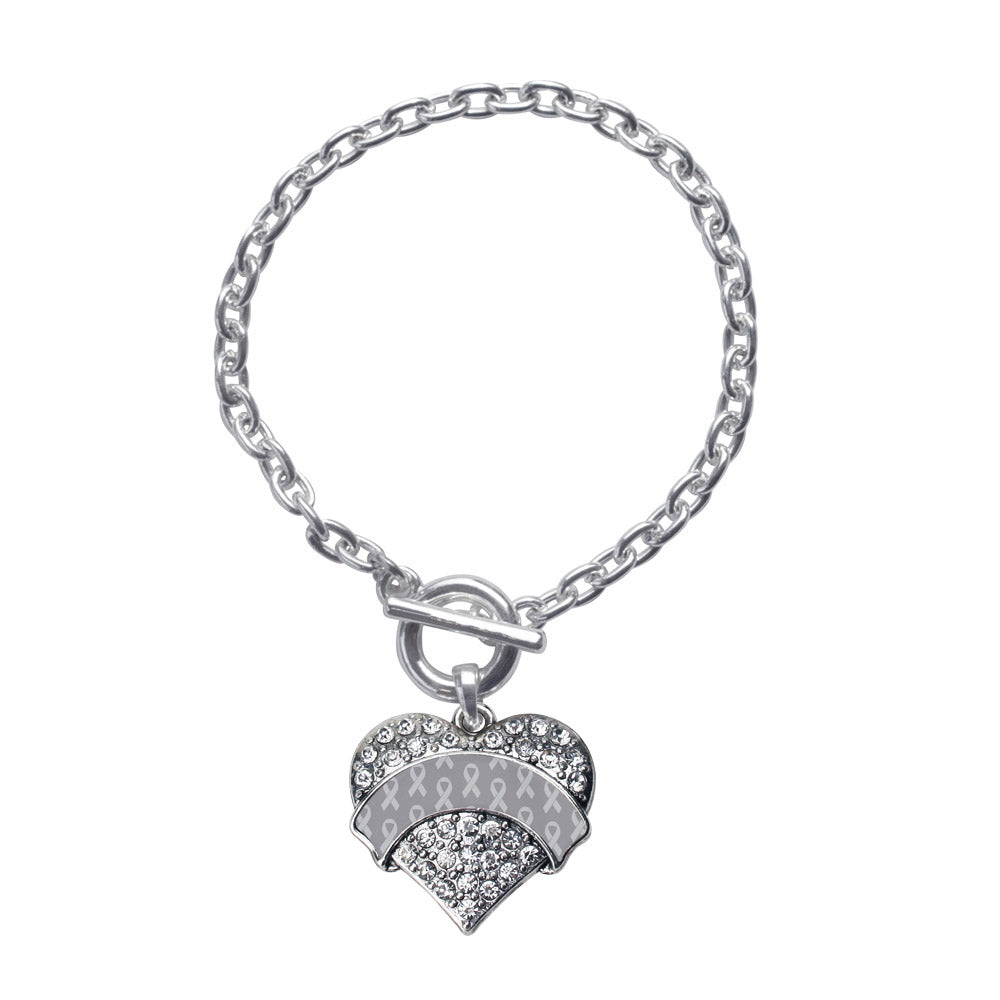 Silver Gray Ribbon Support Pave Heart Charm Toggle Bracelet