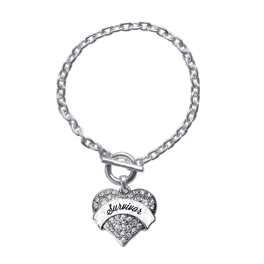Silver White Survivor Pave Heart Charm Toggle Bracelet