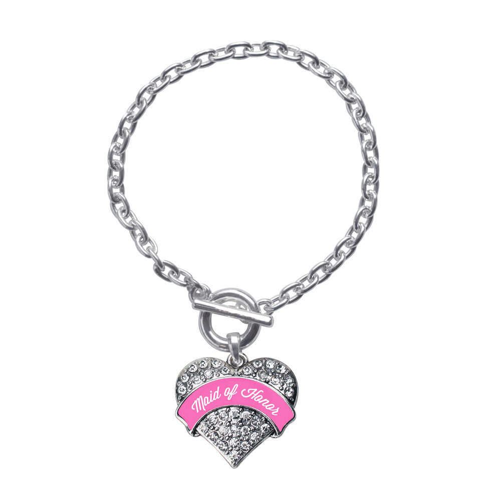 Silver Pink Maid of Honor Pave Heart Charm Toggle Bracelet