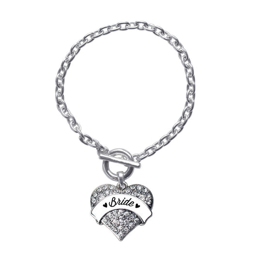 Silver Black and White Bride Pave Heart Charm Toggle Bracelet