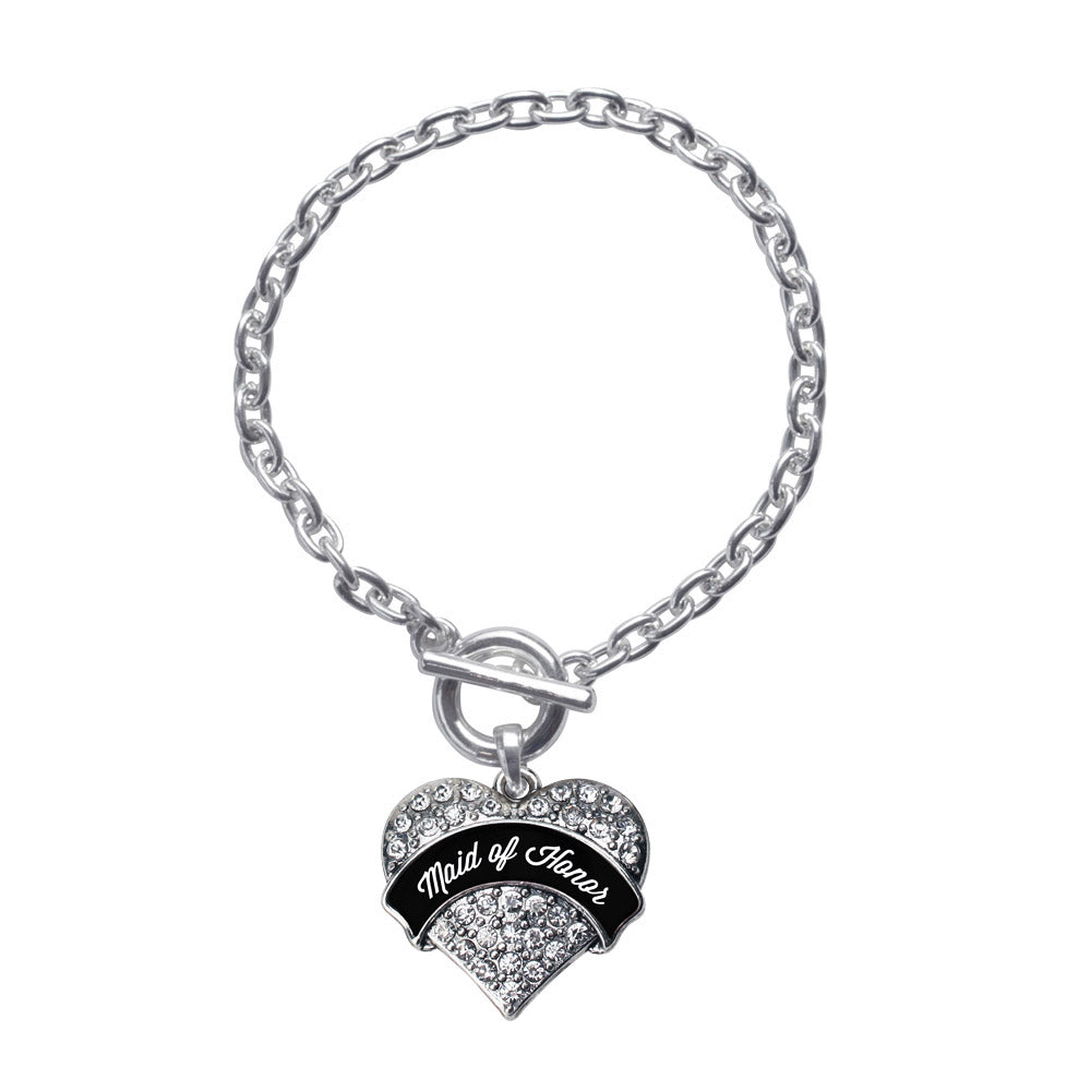 Silver Black and White Maid of Honor Pave Heart Charm Toggle Bracelet