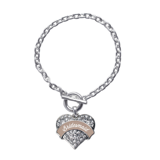 Silver Brown and White Bridesmaid Pave Heart Charm Toggle Bracelet