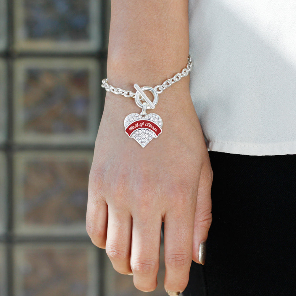 Silver Crimson Red Maid of Honor Pave Heart Charm Toggle Bracelet