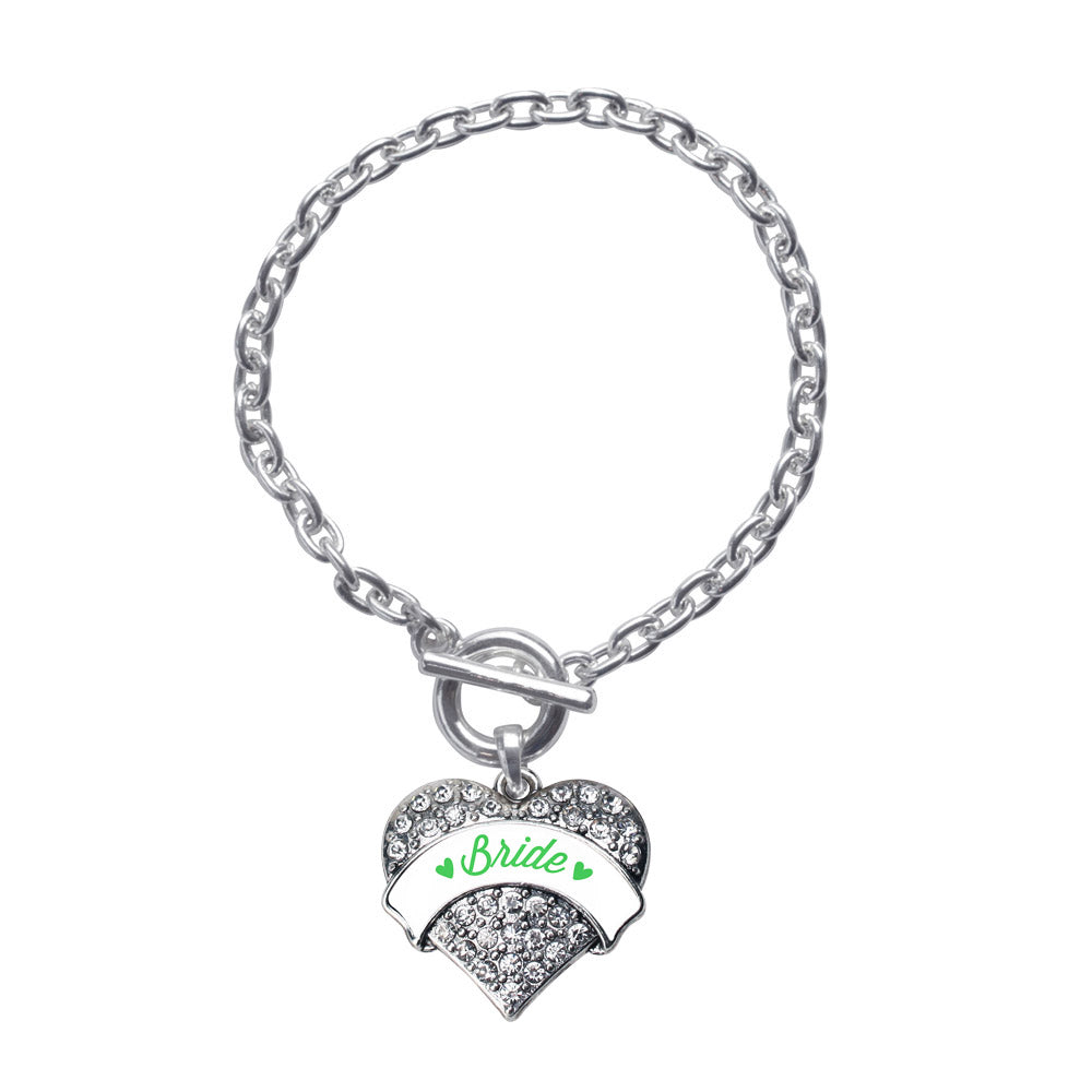 Silver Emerald Green Bride Pave Heart Charm Toggle Bracelet