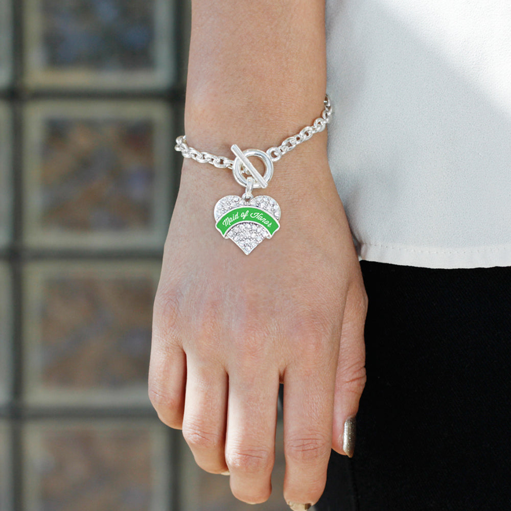 Silver Emerald Green Maid of Honor Pave Heart Charm Toggle Bracelet