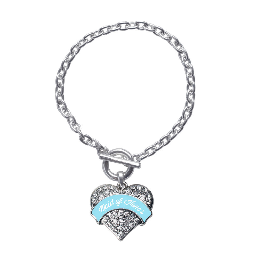 Silver Light Blue Maid of Honor Pave Heart Charm Toggle Bracelet