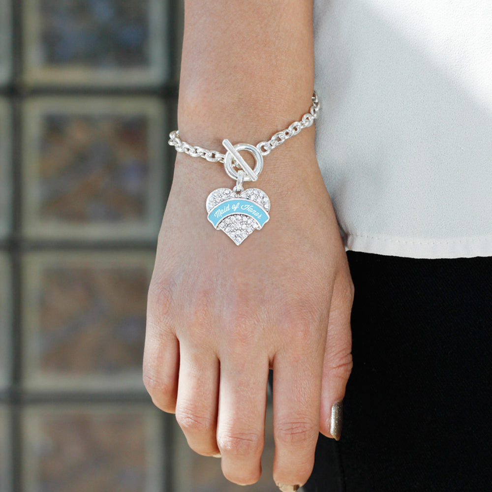 Silver Light Blue Maid of Honor Pave Heart Charm Toggle Bracelet