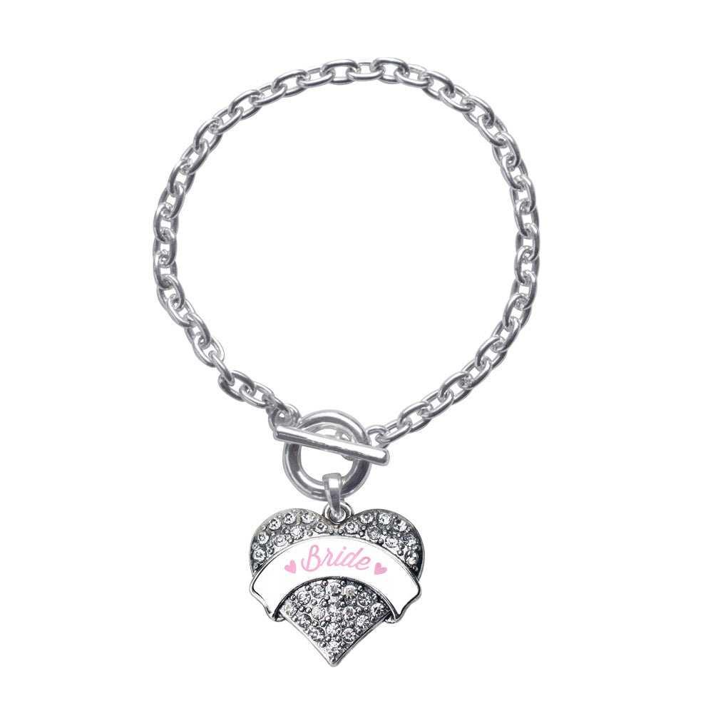 Silver Light Pink Bride Pave Heart Charm Toggle Bracelet