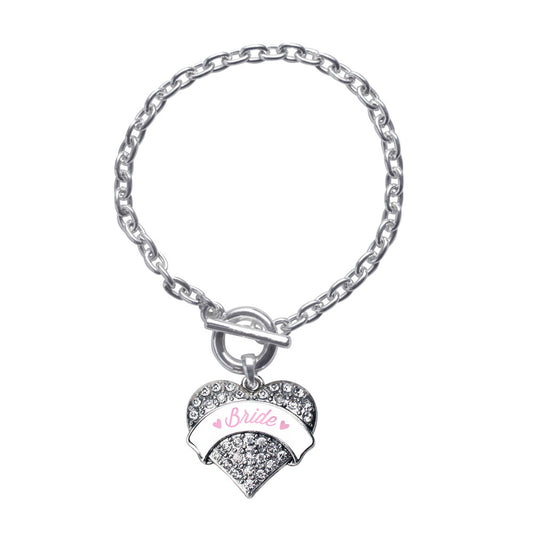 Silver Light Pink Bride Pave Heart Charm Toggle Bracelet