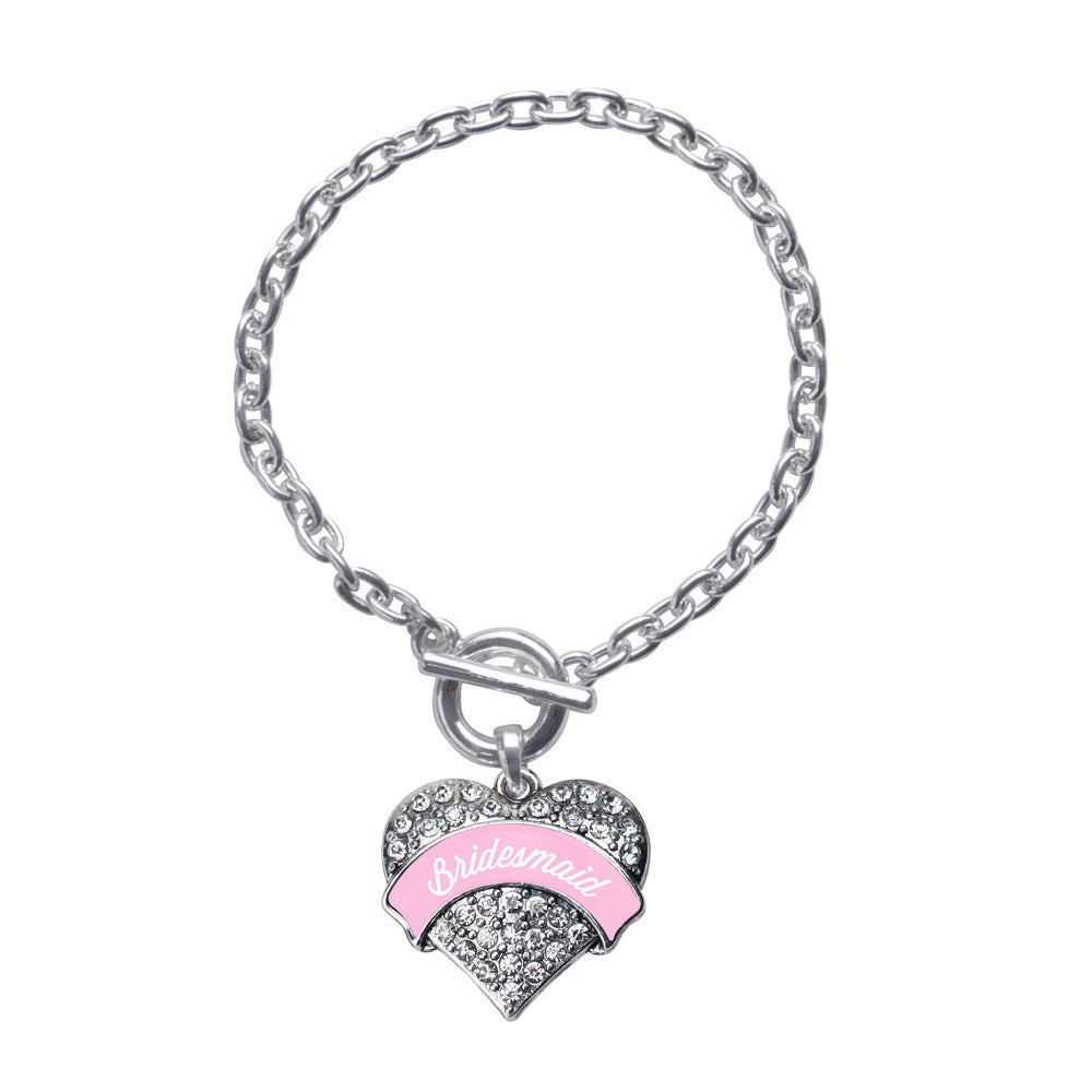 Silver Light Pink Bridesmaid Pave Heart Charm Toggle Bracelet