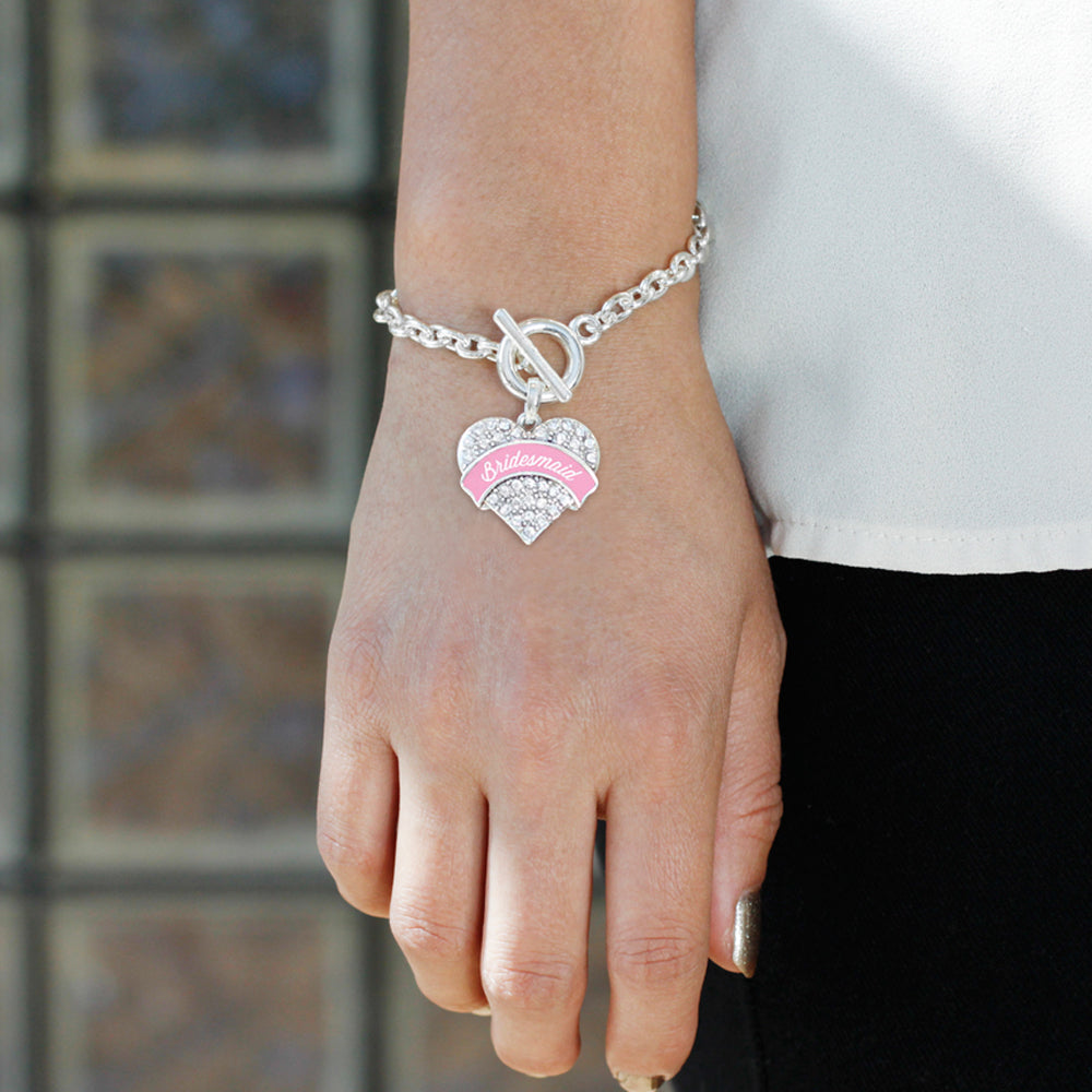 Silver Light Pink Bridesmaid Pave Heart Charm Toggle Bracelet