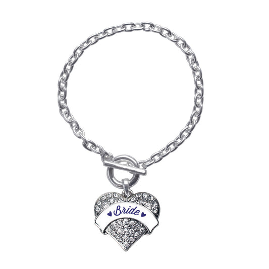 Silver Navy Blue Bride Pave Heart Charm Toggle Bracelet